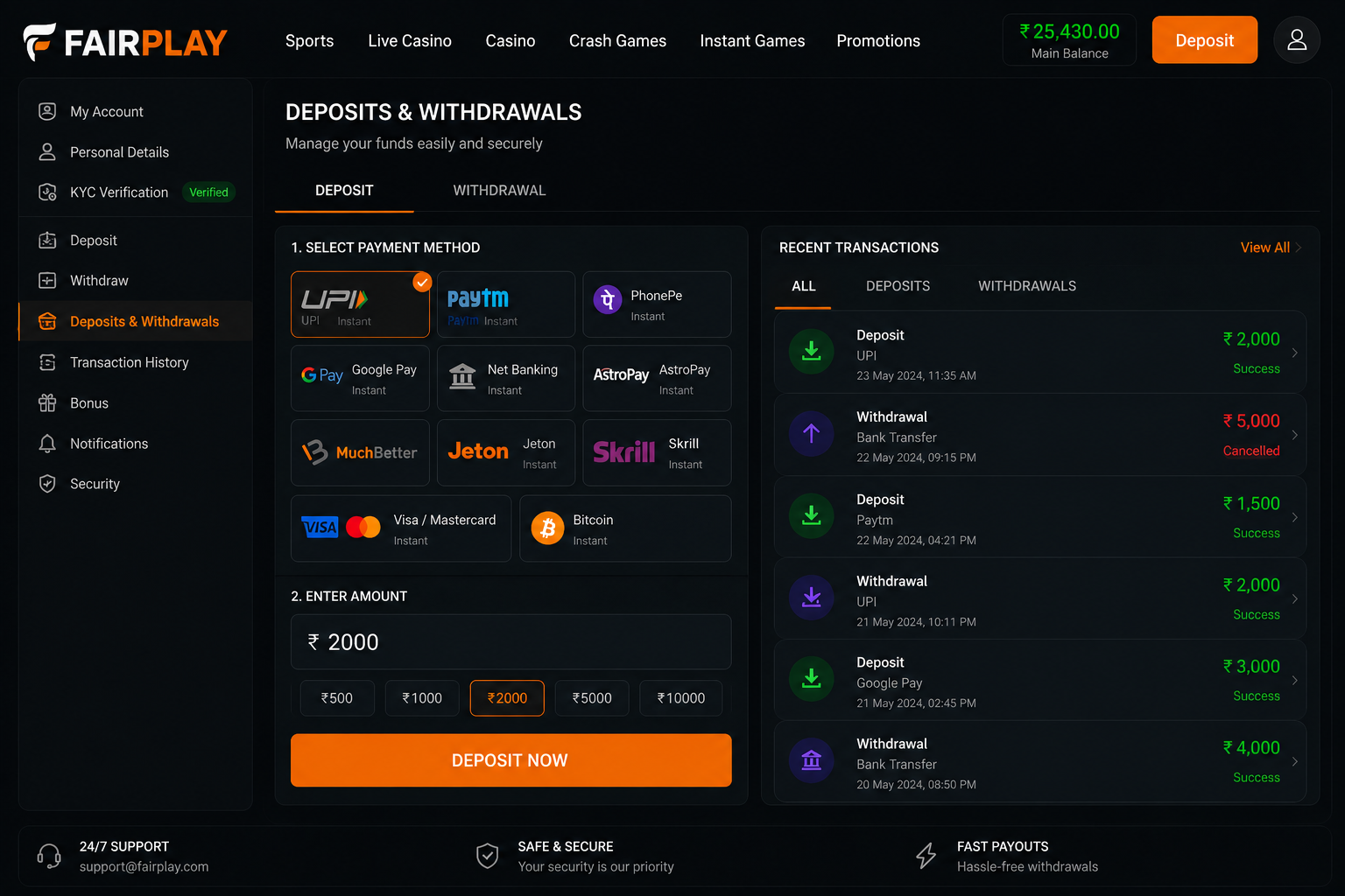 Fairplay Deposit and withdrawals